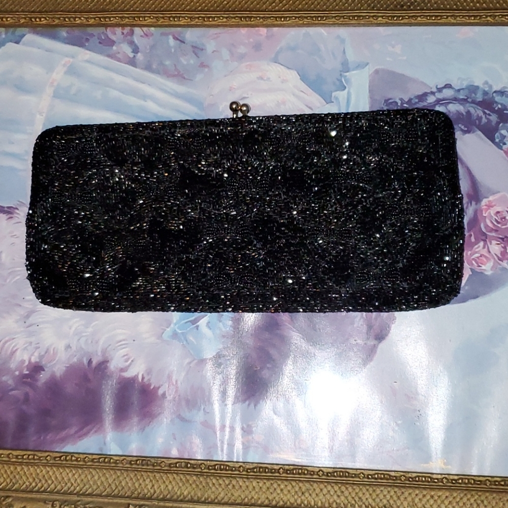 Designer Walborh Black Glass Seed Bead Purse